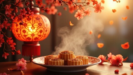 Joyful Mid-Autumn Festival Celebration Image featuring traditional Chinese art elements, adorned with flowers, mooncakes, and intricate patterns.