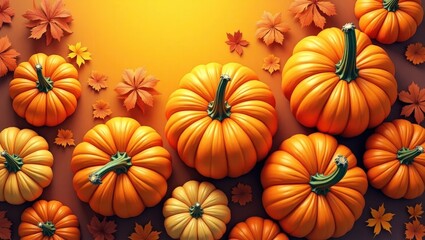 Charming autumn arrangements featuring pumpkins viewed from above against colorful backdrops in anime style