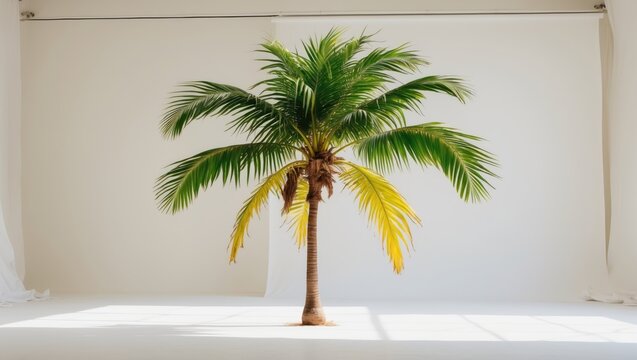 Photo of a banana palm on a simple white background.