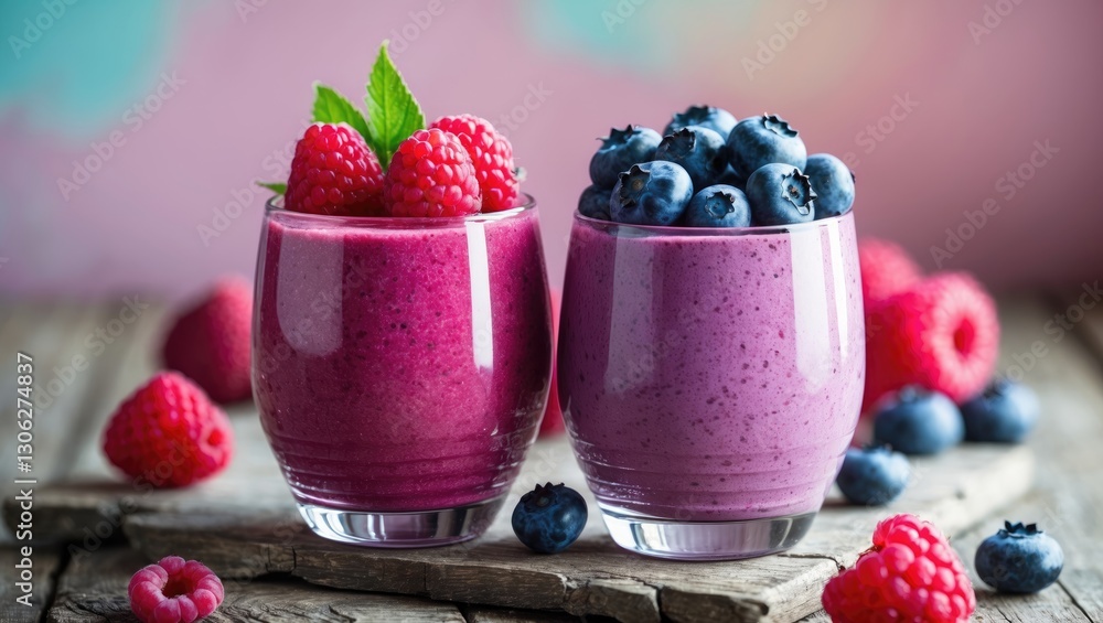 Poster smoothie drinks featuring raspberries and blueberries with empty space for text