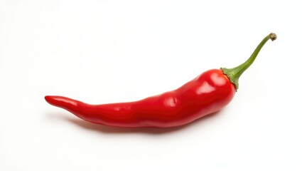 Fresh red chili pepper against a white background, showcasing its elongated shape.