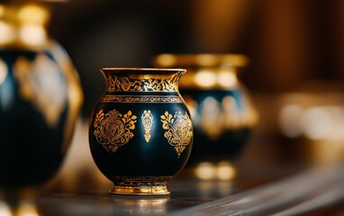 Elegant black and gold vases displayed on a wooden table in a sophisticated interior setting