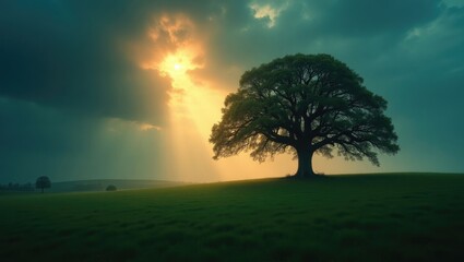 Obraz premium As twilight falls, a beam of light breaks through the striking sky, illuminating a solitary oak tree.