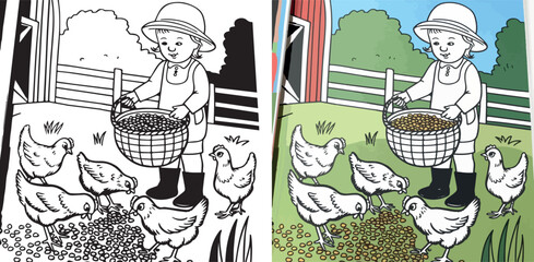 Girl Feeding Chickens, Children Coloring Book