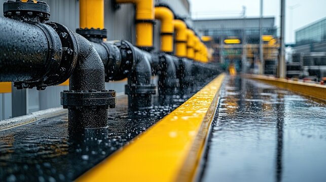 Industrial Pipelines In The Rain Near A Yellow Warning Strip