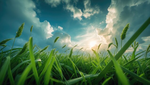 freshly sprouted grass viewed from a ground level under a cloudy azure sky symbolizing liberation and rejuvenation