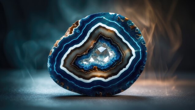 macro detail of a cross section slice featuring a blue agate geode, often referred to as a Brazilian thunder egg