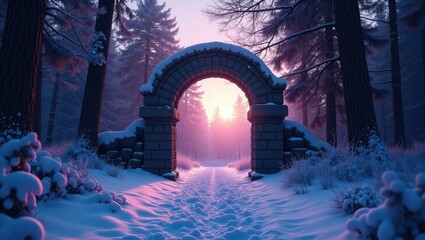 Gateway in a majestic snowy forest bathed in purple light during twilight. Concealed passage in an enchanted nighttime woodland. Stunning winter landscape artworks.