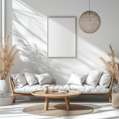 A bright, cozy living space featuring a wooden sofa, white cushions, woven pendant light, and natural dried plants.  
