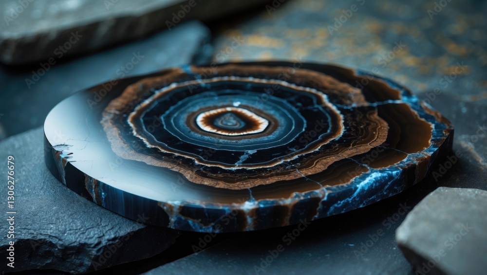 Poster shiny onyx mineral slice showcasing stunning natural patterns and textures, ideal for use as a backg