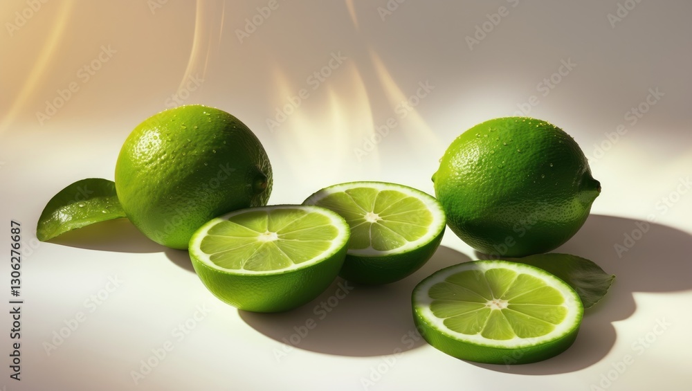 Aufkleber isolated limes. whole limes and slices are displayed against a white background with a clipping path