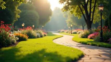 Scenic pathway in a garden or park featuring lush grass and a paved walkway, enhancing the area adjacent to the home with attractive landscaping.