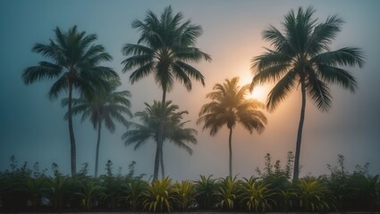 charming tropical plants beautifully silhouetted against the sky, stunning rows of palm trees enveloped in mist. Ideal backdrop of palm trees for a website banner or header. Florida, USA