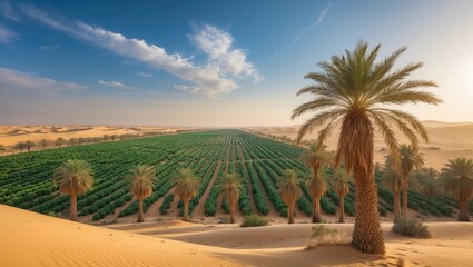 Overview of the arid Middle Eastern landscape featuring date palm plantations and sustainable agricultural practices for healthy, non-GMO food production.
