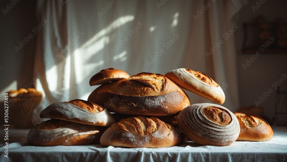 Poster on a light-colored background, there is a creative display of various breads arranged in a flat layo
