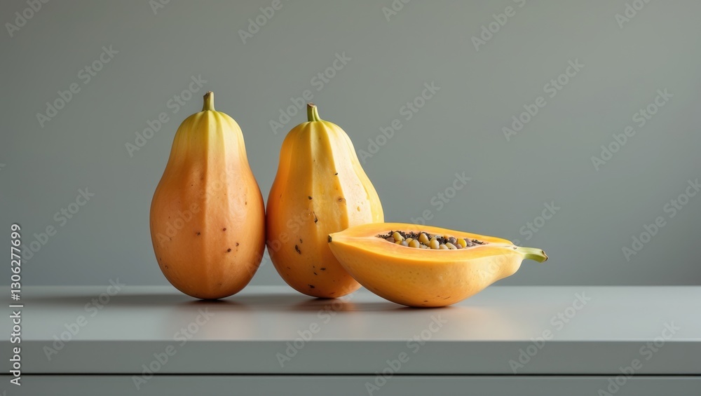 Poster fresh and ripe papayas displayed on a light gray surface with space for text.