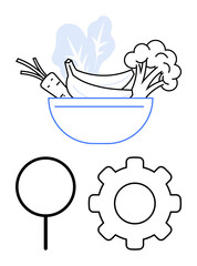 Fresh produce including bananas, broccoli, and carrot in a bowl. A magnifying glass and gear symbolize analysis, research, and process. Ideal for health, food, analytics process research