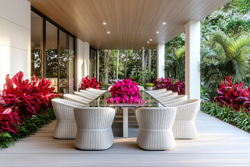 Fototapeta premium An elegant outdoor dining area with a long glass table, white wicker chairs, vibrant red plants, and lush tropical greenery. 