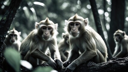 Fototapeta premium Macaques in their natural habitat within a Thai forest.