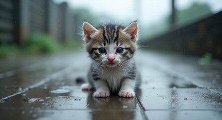 Garut, Indonesia, October 29, 2020: A chilly kitten sheltered from the rainfall.