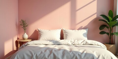 Serene Bedroom Interior Design Featuring a Soft Pink Wall, Sunlit Bed with Crisp White Linens, and a Stylish Minimalist Plant Arrangement