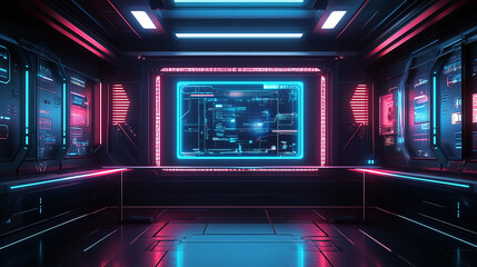 A neon-lit futuristic workstation with glowing holographic interfaces, high-tech control panels, and a sleek cyberpunk aesthetic.  