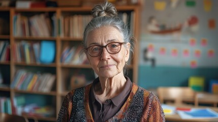 Obraz premium A portrait of an elderly female teacher with gray hair, showcasing her wisdom and dedication in a classroom environment filled with vibrant learning materials.