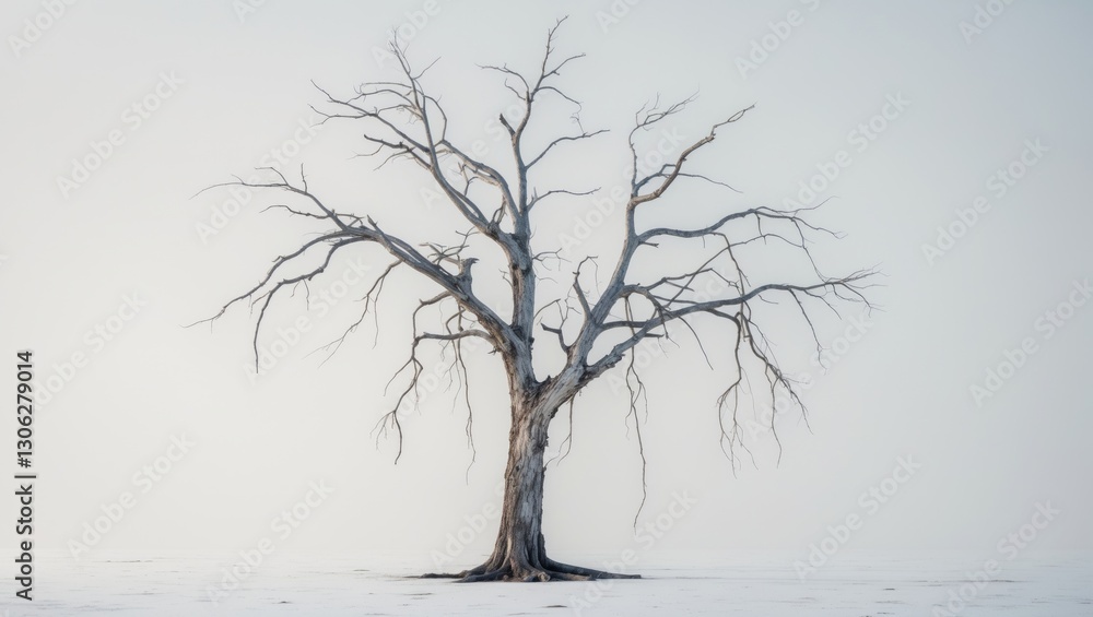 Poster isolated deceased tree depicted on a light backdrop, with lifeless branches. aged and withering tree