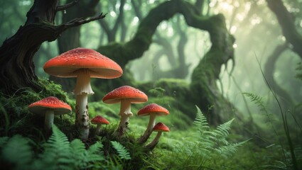 Fototapeta premium mystical crimson fungi in an enchanted forest