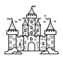 Fototapeta premium Medieval Castle Fortress: Black and White Illustration with Turrets and Clouds - Iconic Historical Landmark Design for Fantasy and Fairytale Art