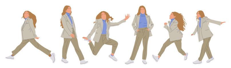 Obraz premium Set of Businesswoman character in different poses. Pretty young woman wearing formal suit and sneakers, standing, walking, running, jumping, front and side view. Vector illustration isolated