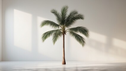 Obraz premium A coconut palm tree is depicted against a plain white backdrop, devoid of any fruit.