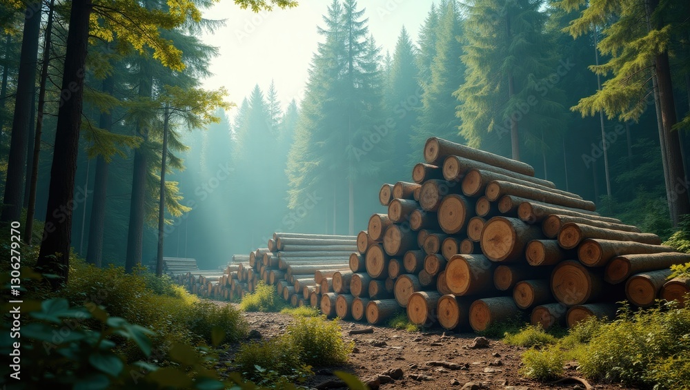 Poster stacks of logs arranged in a logging area, illustrating timber and wood industry operations. a panor