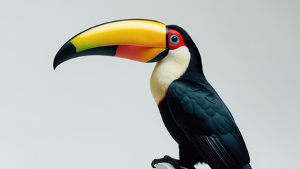 Naklejka premium Toco toucan featured against a white backdrop, Ramphastos toco, large toucan with striking black and white feathers and a prominent yellow-orange beak.