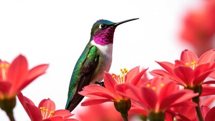 Naklejka premium Male Anna's hummingbird perched among vibrant red flowers against a white backdrop.
