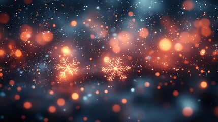 Glowing orange snowflakes softly fall against a dark blue bokeh background. AI Generated