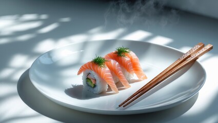 Sushi platter featuring Japanese seafood rolls and chopsticks on a white dish