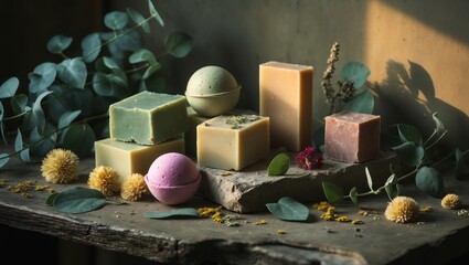 Fototapeta premium Handcrafted bath products including natural soap and bath bombs