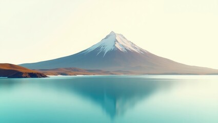 Vast landscape featuring an island, a hill, and a snow-capped mountain, all set against a white backdrop. Summit view of the mountain.