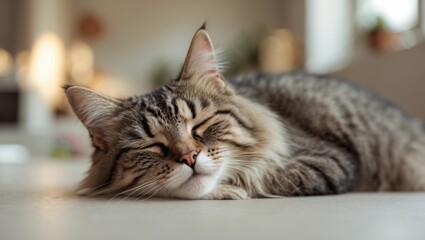 Sleepy-faced Italian tabby cat, adorable fluffy indoor feline. European kittens. For pet enthusiasts. Isolated.