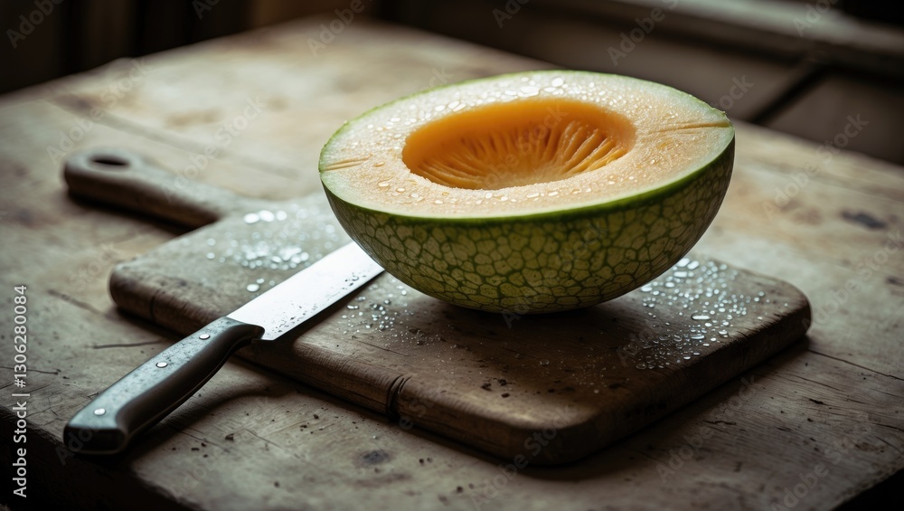 Poster sliced melon and knife resting on a chopping board