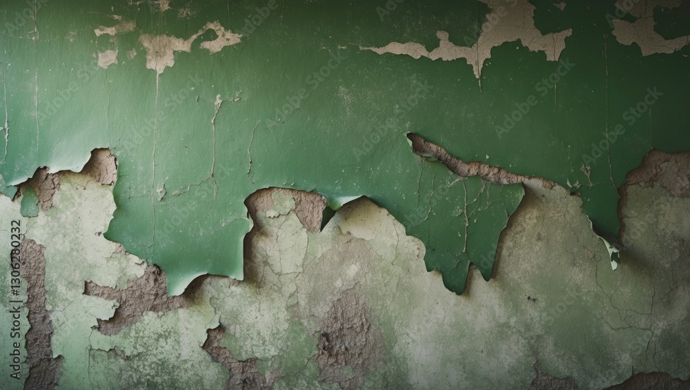 Poster aged green wall displaying wear and tear, showcasing a rough texture. an outdated and unkempt backgr