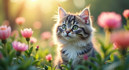 Adorable American Shorthair cat playing in a flower-filled garden.