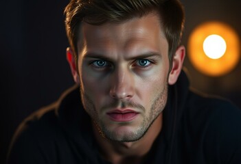 Fototapeta premium Male gamer with intense look in a dimly lit room