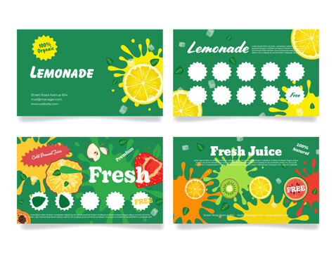 An organic juice store loyalty card that rewards regular purchases of fresh lemonade and juice with a rewards program