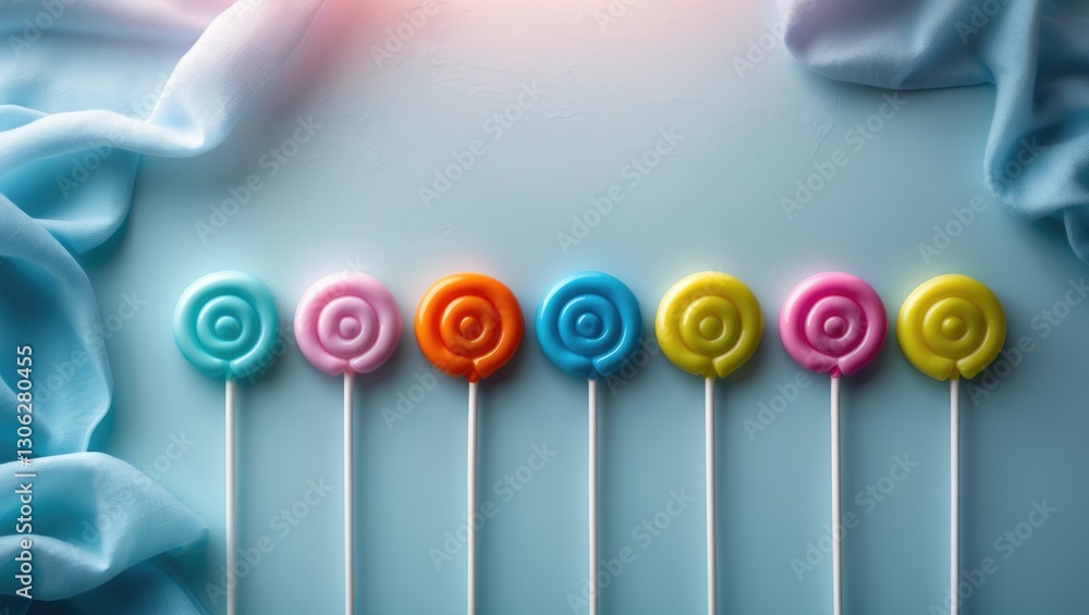Poster brightly colored round lollipops arranged in a line on a soft blue surface, featuring both single an