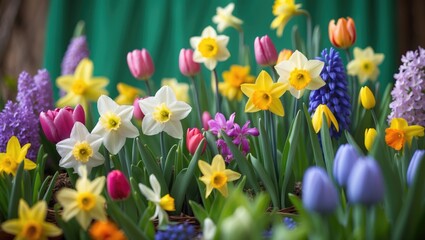 Fototapeta premium Image depicting a vibrant green background adorned with spring blooms.