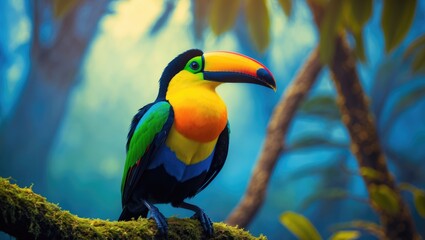 Naklejka premium Image title: Keel-billed Toucan (Ramphastos sulfuratus) on a branch in a tropical reserve in Costa Rica. Wildlife bird.
