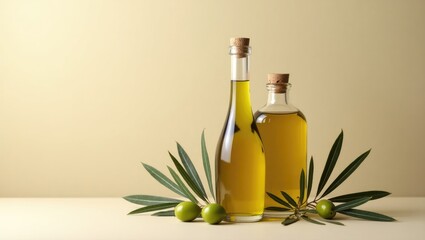 bottles of oil accompanied by olive branches.