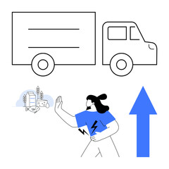 Truck represents delivery, woman emphasizes green energy, and blue arrow signifies growth. Ideal for eco-transport, logistics, sustainability, energy transitions, progress, innovation climate